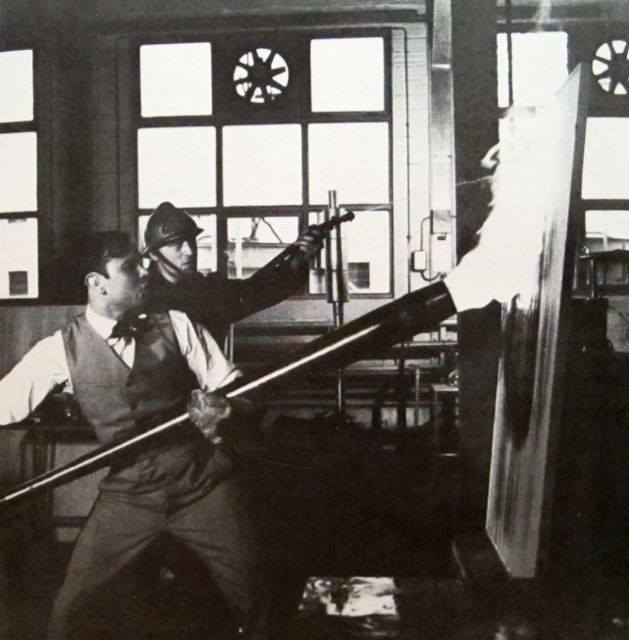 Yves Klein making Fire Paintings at the Centre d'Essais du Gaz de France, Paris - 1961