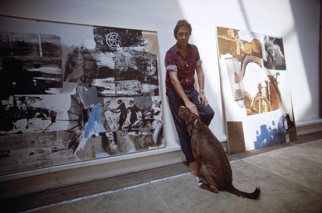 Rauschenberg in studio with his dog and Scanning, 1969