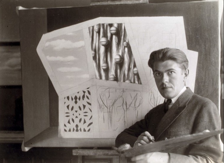 René Magritte Self Portrait in front of Le Masque vide at Le Perreux-sur-Marne 1928