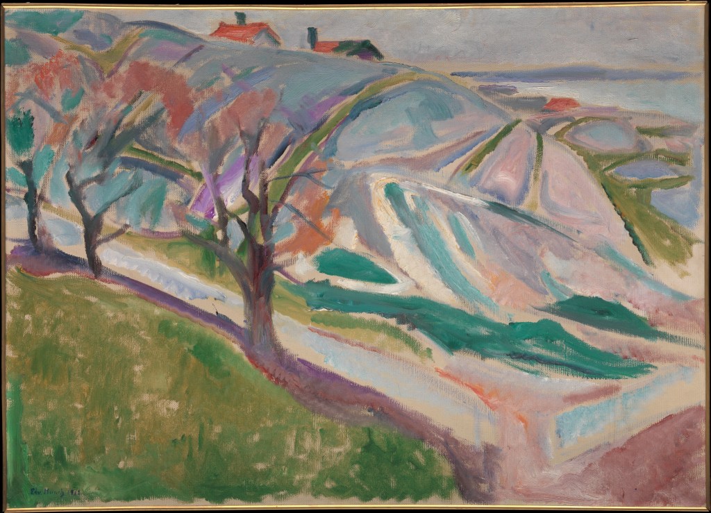 Edvard Munch (Norwegian, Løten 1863–1944 Ekely) Landscape, Kragero, 1912 Oil on canvas; 28 1/2 x 39 1/2 in. (72.4 x 100.3 cm) The Metropolitan Museum of Art, New York, Bequest of Scofield Thayer, 1982 (1984.433.20) http://www.metmuseum.org/Collections/search-the-collections/483334