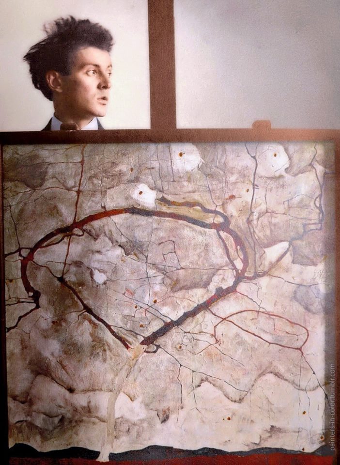 Egon Schiele behind his painting Winterbaum, 1912.jpg