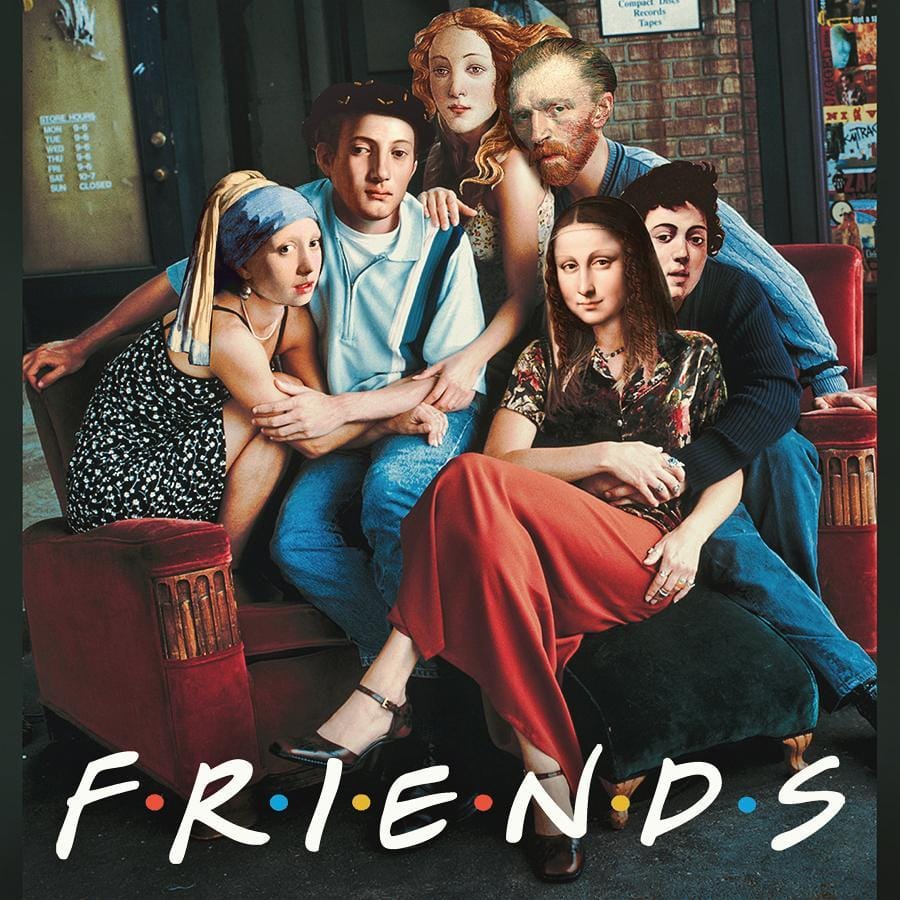 Dan Cretu (Rumanian, born 1981)_Mona Lisa, Vincent Van Gogh, The Girl With a Pearl Earring by Vermeer, Venus by Botticelli and others as the cast of TV-series Friends
