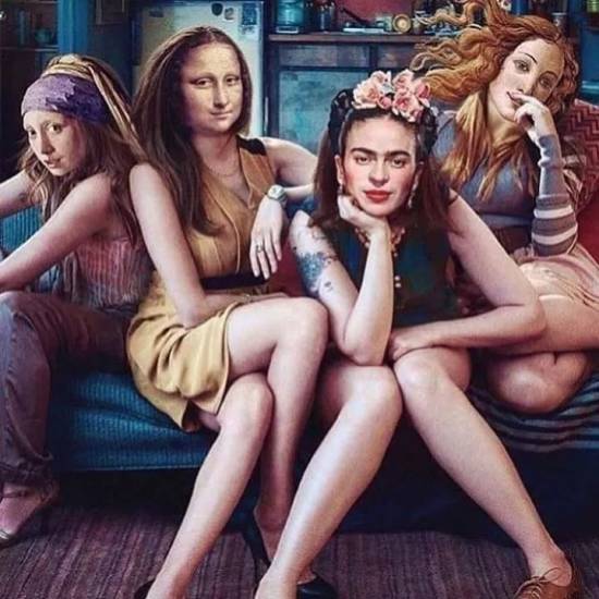 Vermeer's Girl with perl, Leonardo's Mona Lisa, Frida Kahlo and Botticelli's Venus together