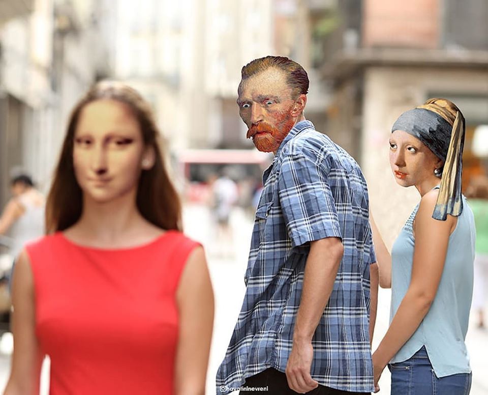 Mona Lisa, Girl With a Pearl Earring and Vincent Van Gogh into the famous 'Love Triangle Meme' by Hayati Evren visual art designer