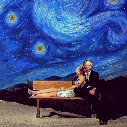 Van Gogh with Vermeer's Girl with perl in romantic 'Starry Night' scene