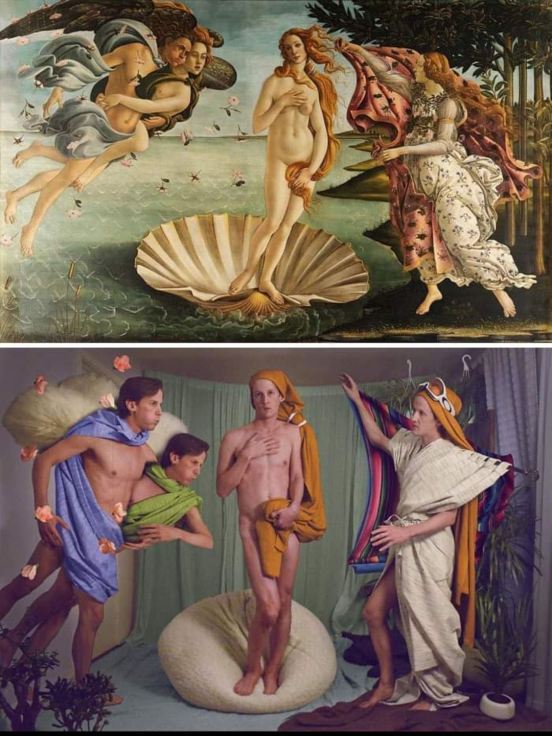 Botticelli's Venus original and quarantine home version