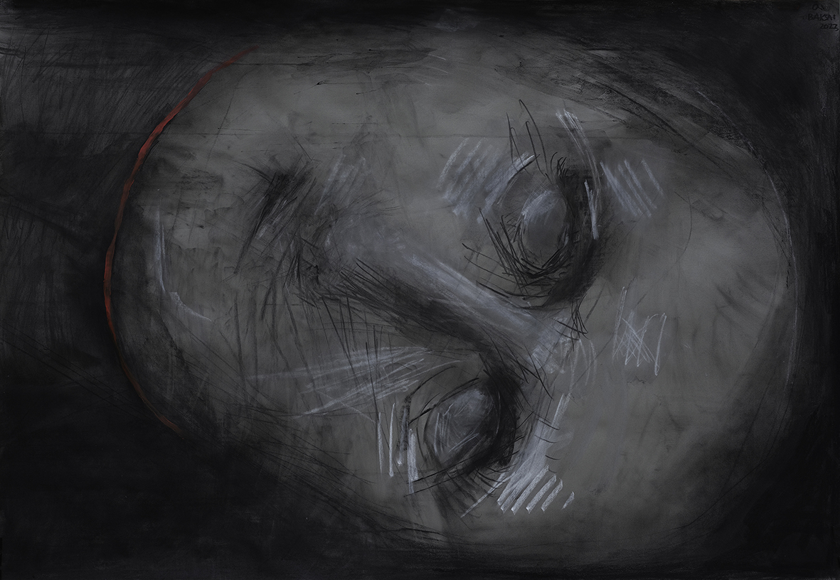 Baksai József 2022 Eltűnt árnyék, 70x100 cm, szén, akvarell, papír másolat